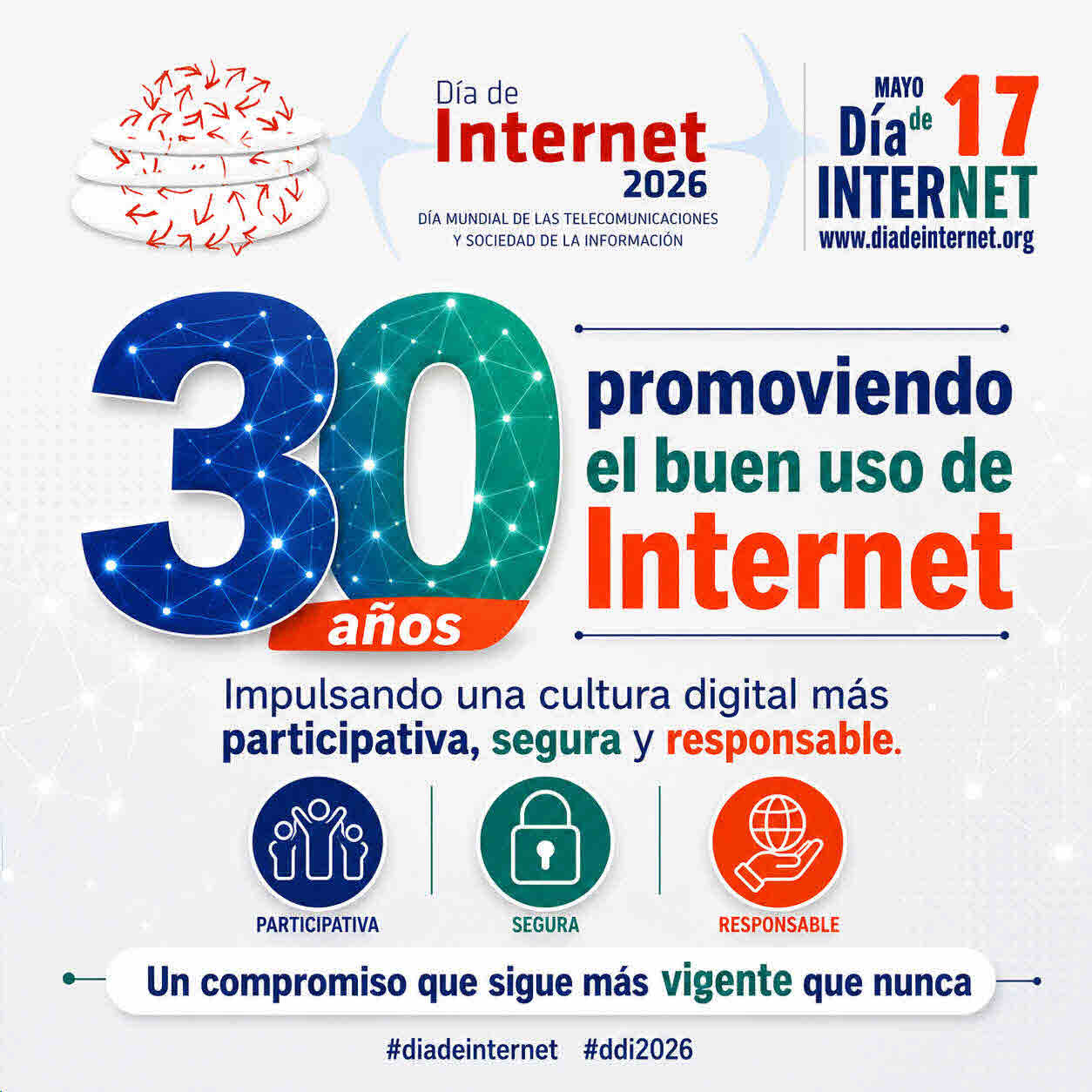 Cartel oficial del Día de Internet 2026 bajo el lema Sostenibilidad en la Era Digital, detallando los criterios ESG ambientales, sociales y de gobernanza.