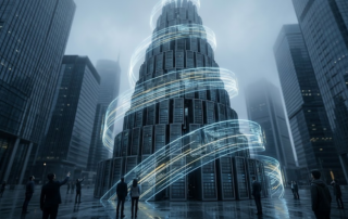 Ilustración digital de una torre de servidores en una gran ciudad que representa el concepto de Babel y la centralización de la Inteligencia Artificial analizado en la encíclica Magnifica Humanitas.