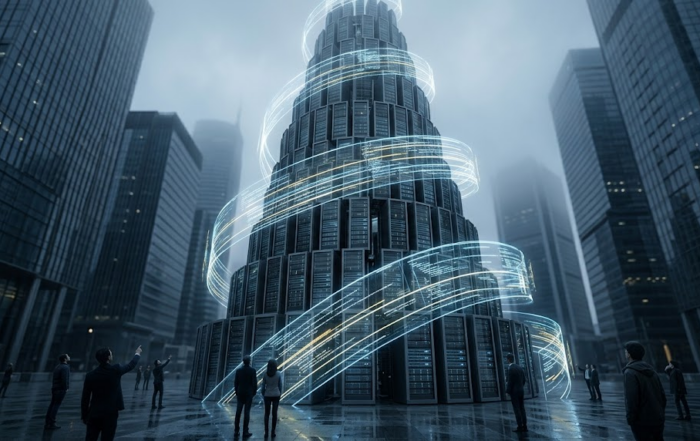 Ilustración digital de una torre de servidores en una gran ciudad que representa el concepto de Babel y la centralización de la Inteligencia Artificial analizado en la encíclica Magnifica Humanitas.