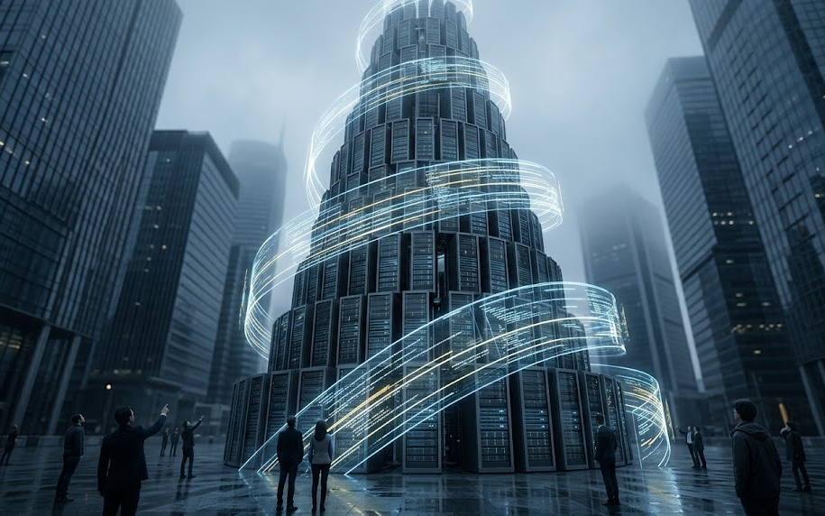 Ilustración digital de una torre de servidores en una gran ciudad que representa el concepto de Babel y la centralización de la Inteligencia Artificial analizado en la encíclica Magnifica Humanitas.